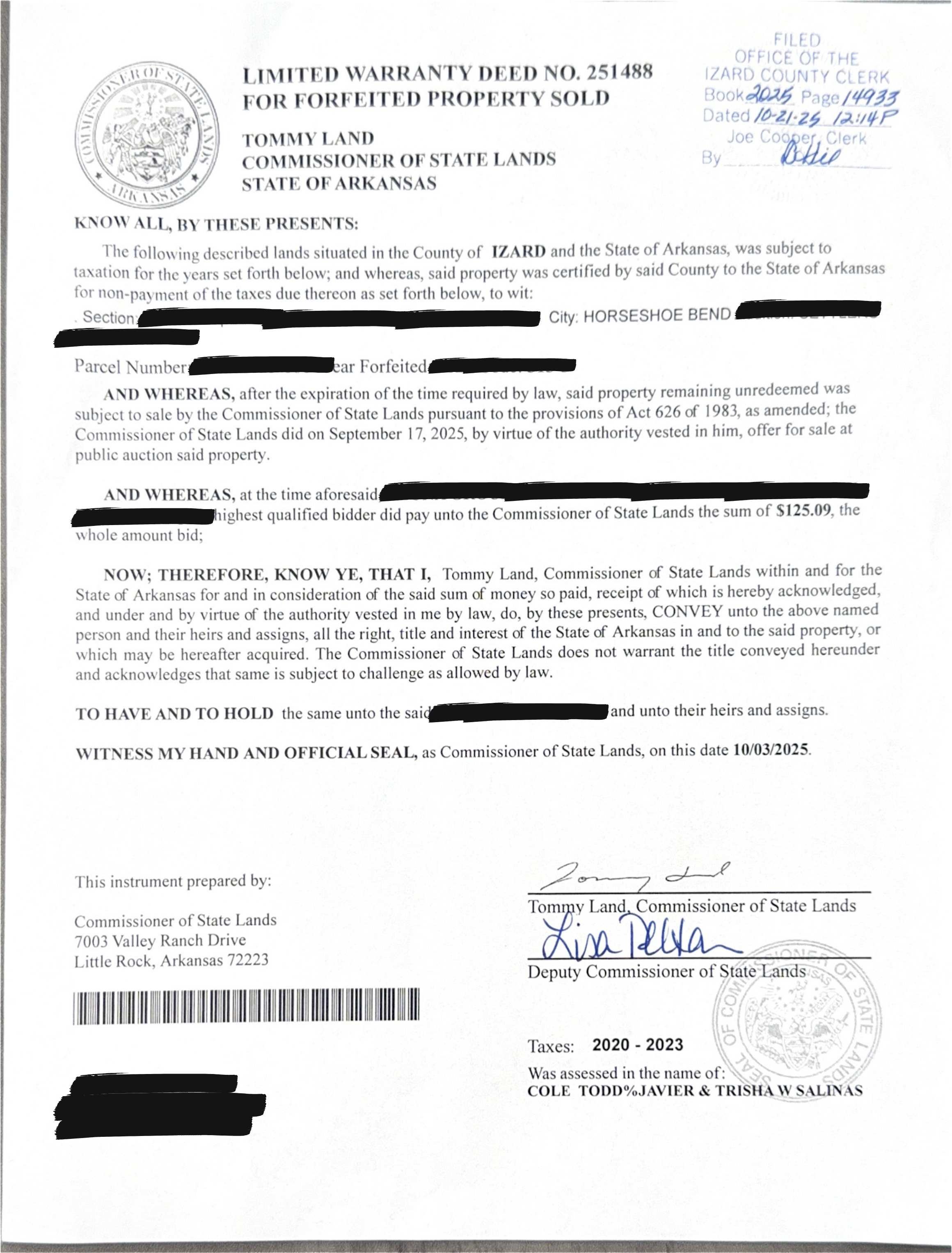 Escritura — Lote arrematado por $125,09