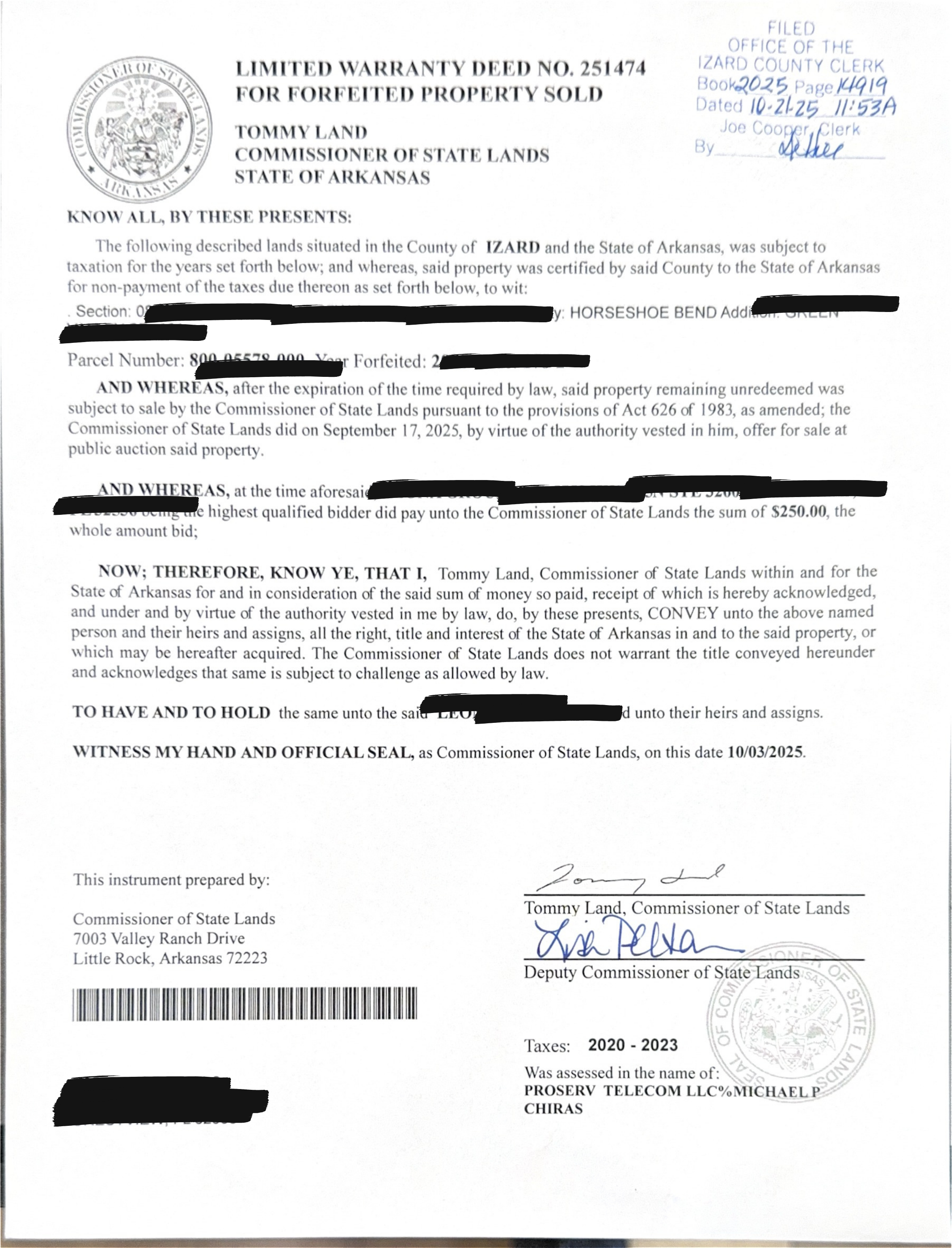 Escritura — Lote arrematado por $250,00