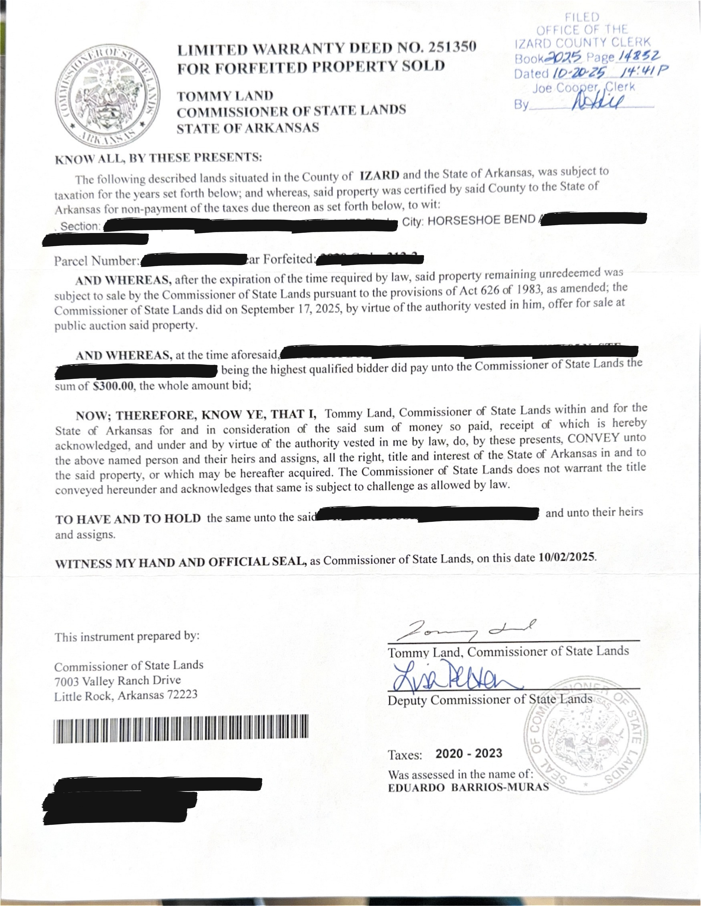 Escritura — Lote arrematado por $300,00