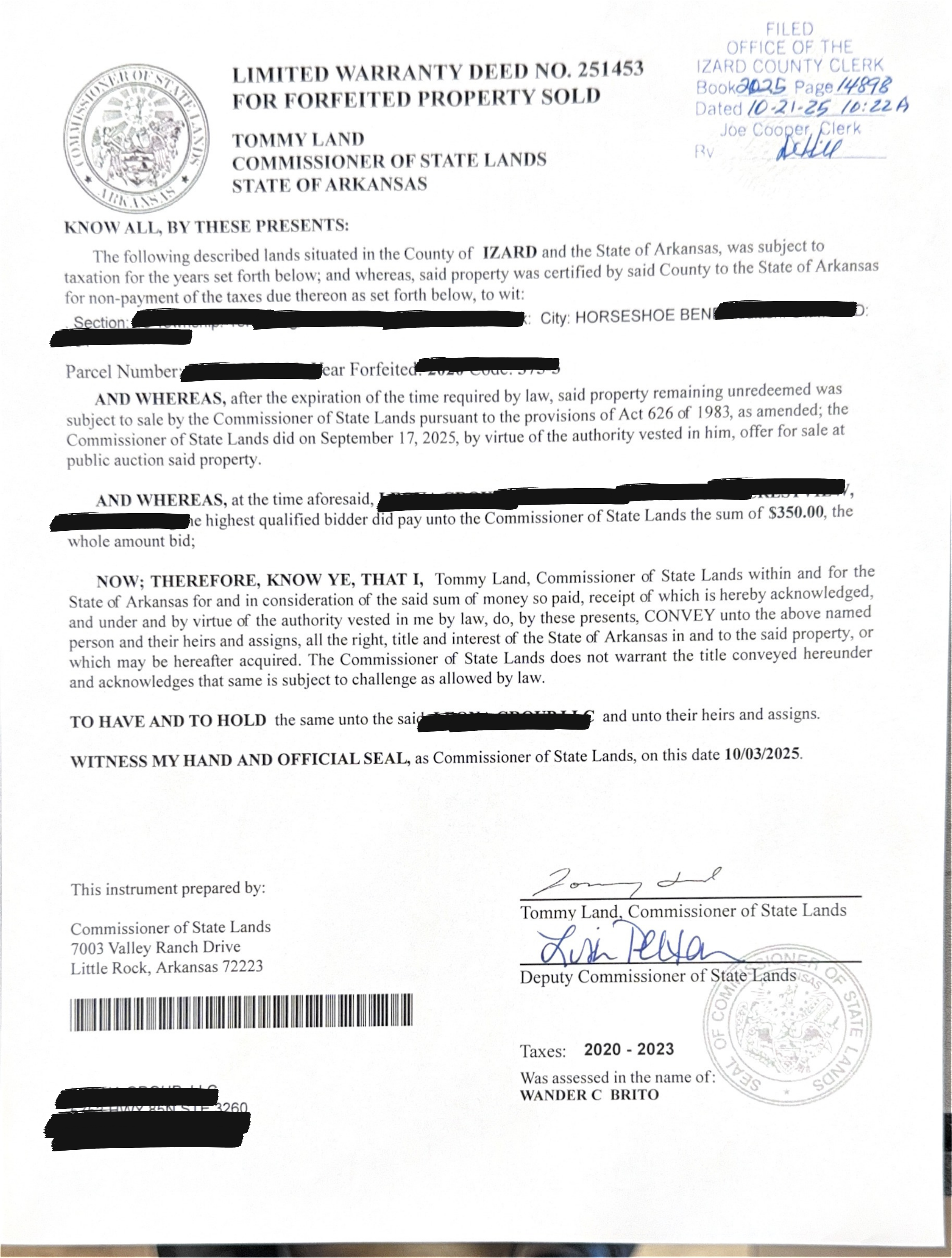 Escritura — Lote arrematado por $350,00