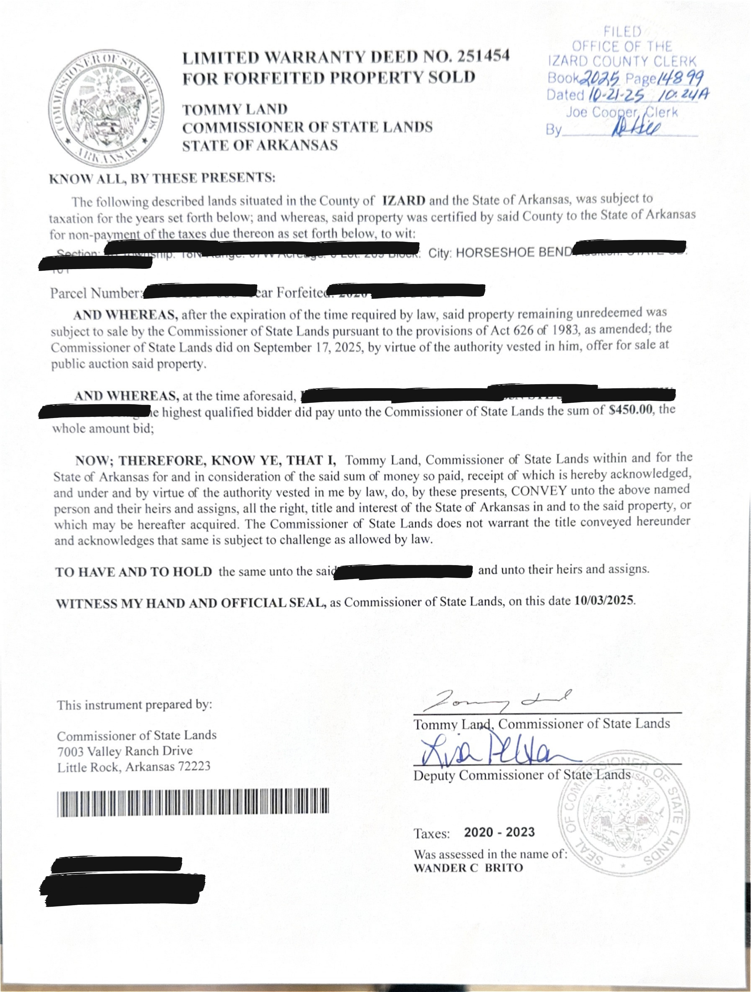 Escritura — Lote arrematado por $450,00